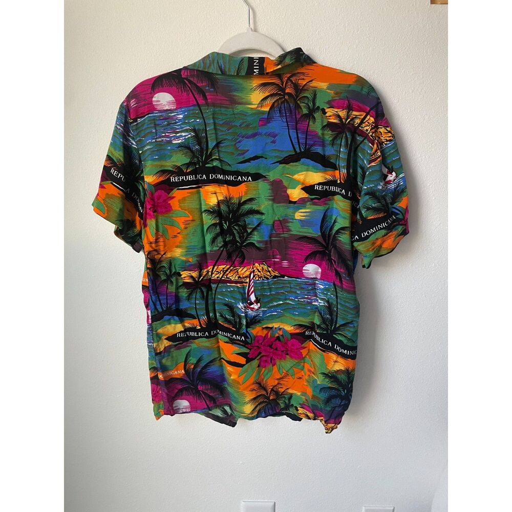 Vintage Republica Dominicana Tourist Hawaiian Shirt Neon Tropical S M
